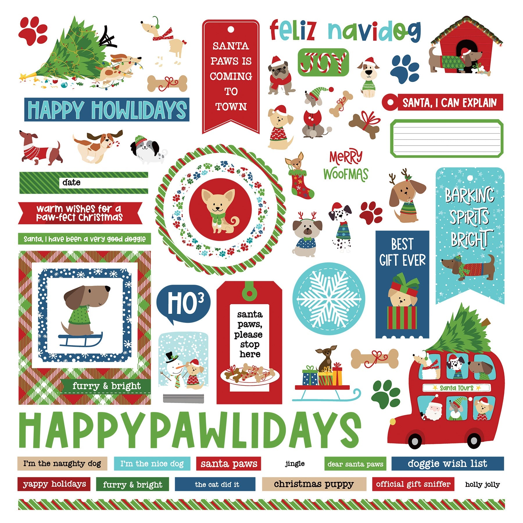 Santa Paws Stickers 12"X12"-Elements - Dog