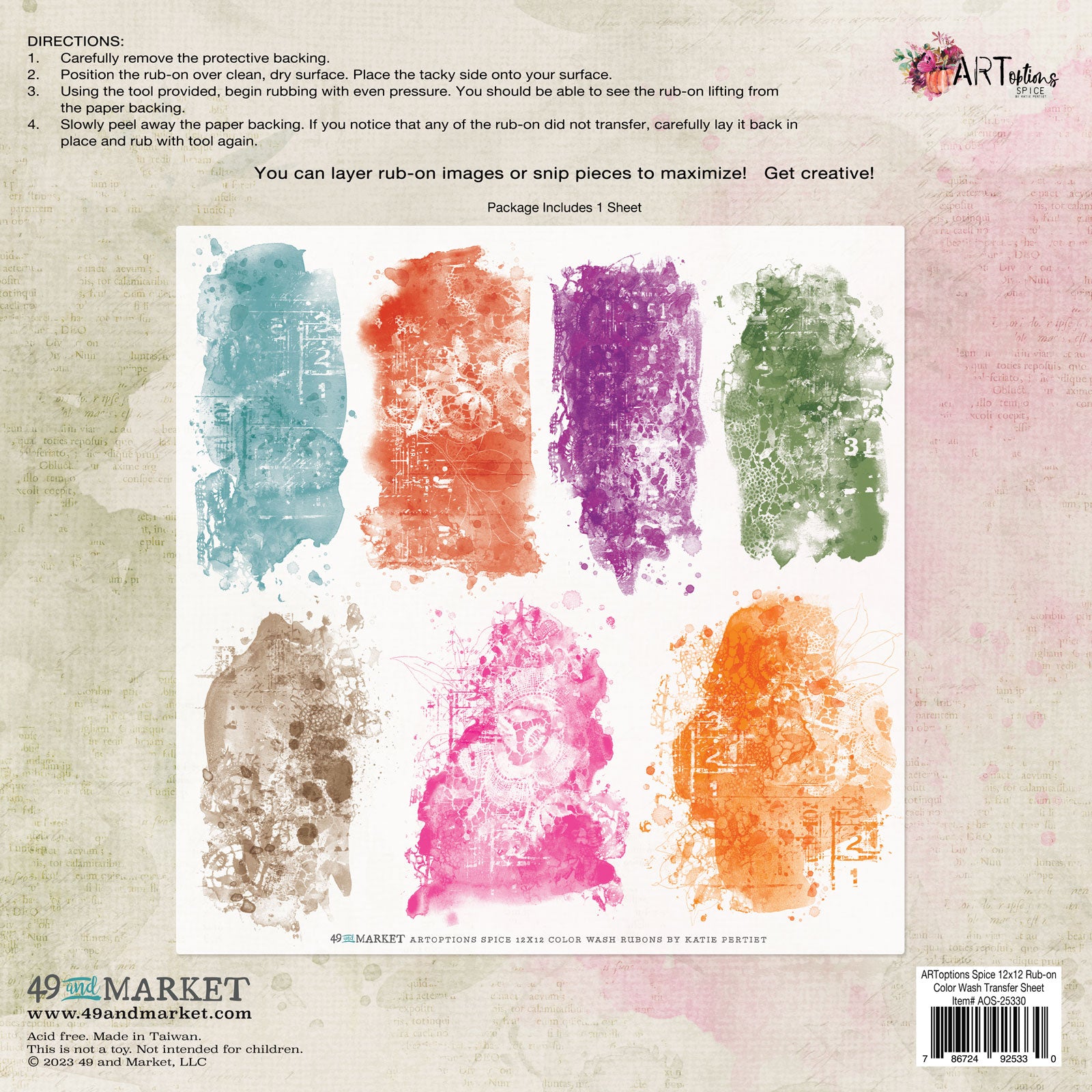 ARToptions Spice Rub-Ons 12"X12" Color Wash