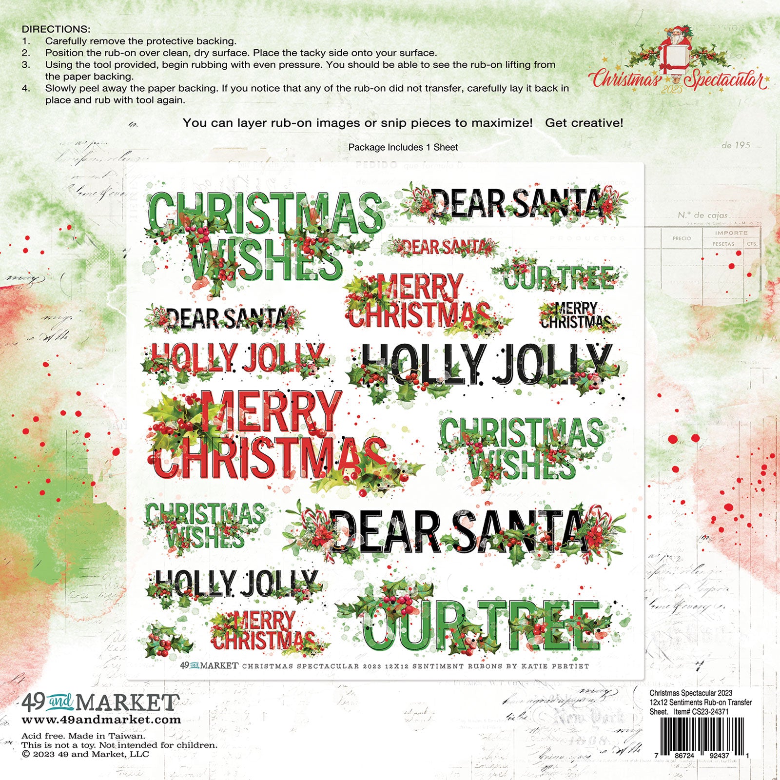 Our Christmas Spectacular 2023 - 12x12 Sentiments Rub-on Transfer Sheet allows you to easily and conveniently add beautiful touches to a variety of surfaces. The sheet contains a variety of sentiments in both black and white, so you can achieve a unique and stunning effect. Imported for the highest quality, these rub-on transfers will bring life to any project.