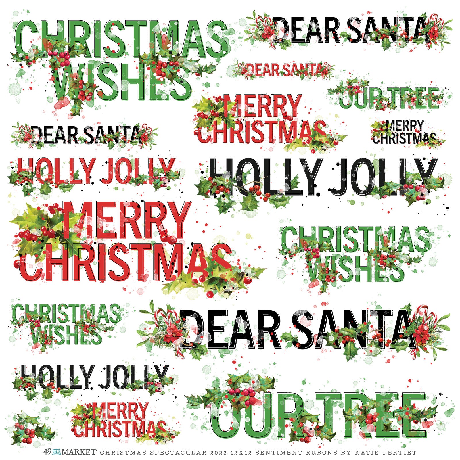 Our Christmas Spectacular 2023 - 12x12 Sentiments Rub-on Transfer Sheet allows you to easily and conveniently add beautiful touches to a variety of surfaces. The sheet contains a variety of sentiments in both black and white, so you can achieve a unique and stunning effect. Imported for the highest quality, these rub-on transfers will bring life to any project.