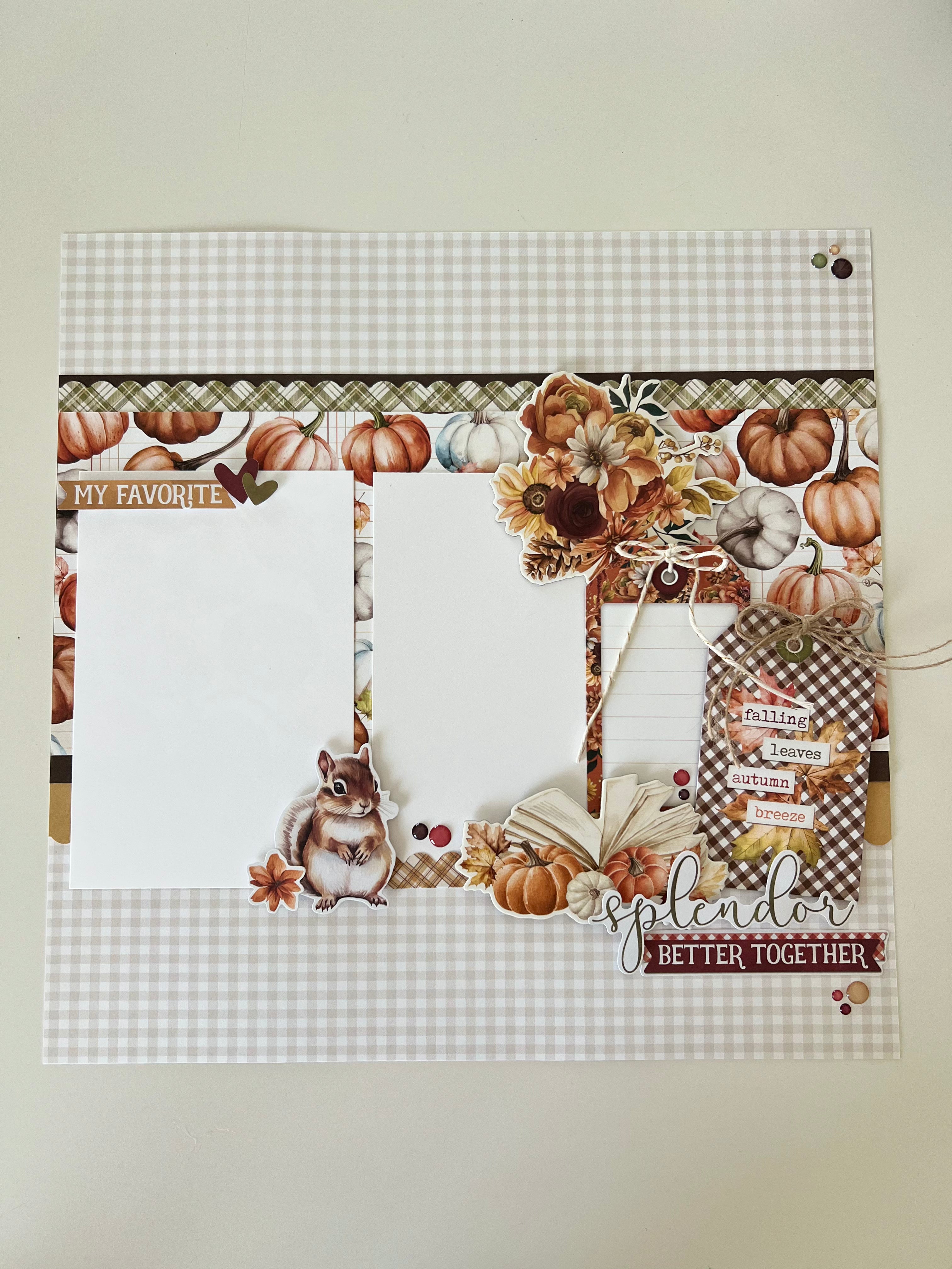 Decorative fall-themed paper with pumpkins, flowers, and a squirrel on a checkered background.