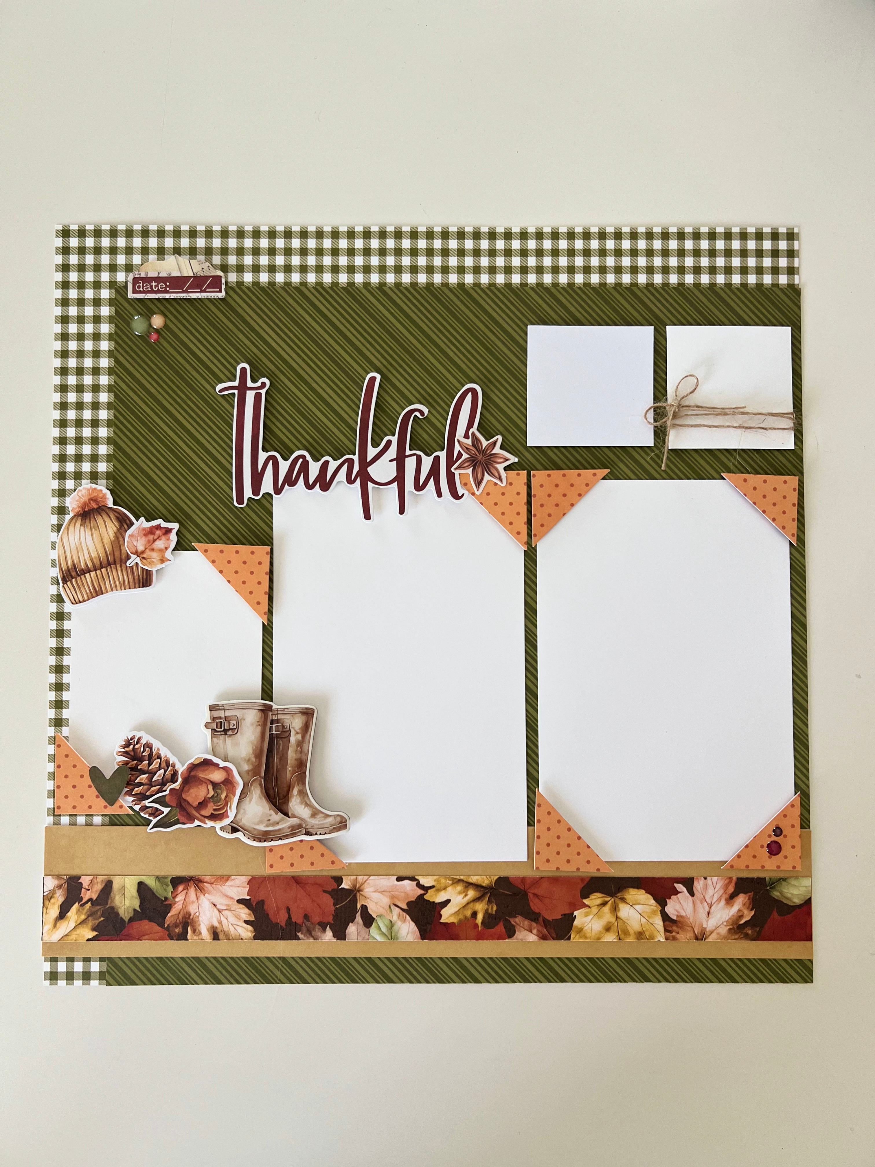 Thankful scrapbook page with autumn-themed elements on a checkered border.