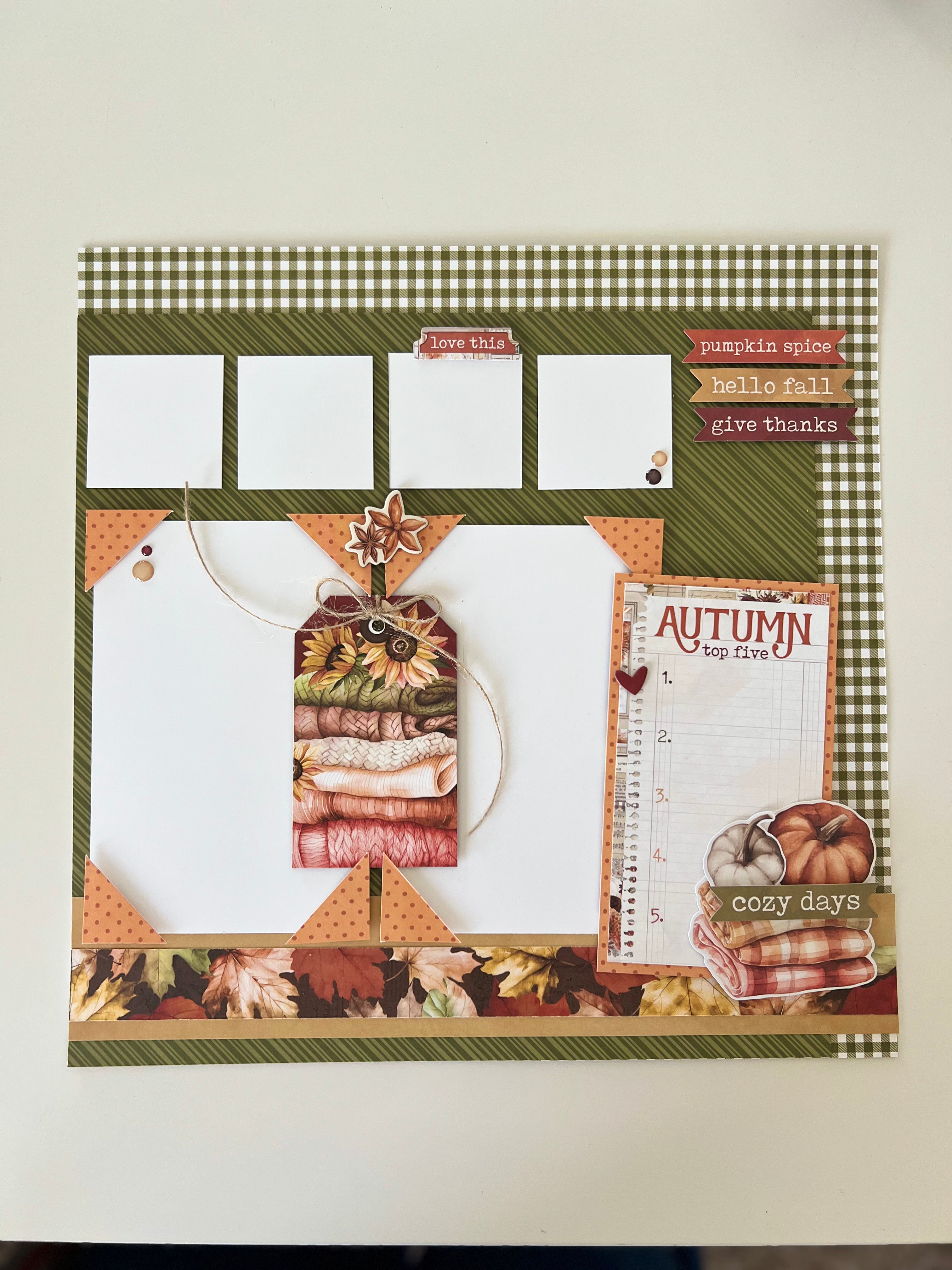 Autumn-themed scrapbook layout with checkered border and fall elements.