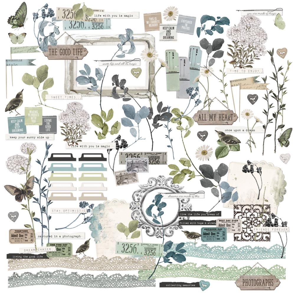 Laser cut elements are simply amazing as the intricate designs are cut with precision every time. There are 116 assorted pieces which include stems, tickets, lace, signs, butterflies and more! The detailed intricacy of laser cut pieces bring projects to another level with ease. They're the perfect 'fussy cut' pieces without the fuss! This package contains four sheets of 6x12.5 inch heavyweight cardstock.