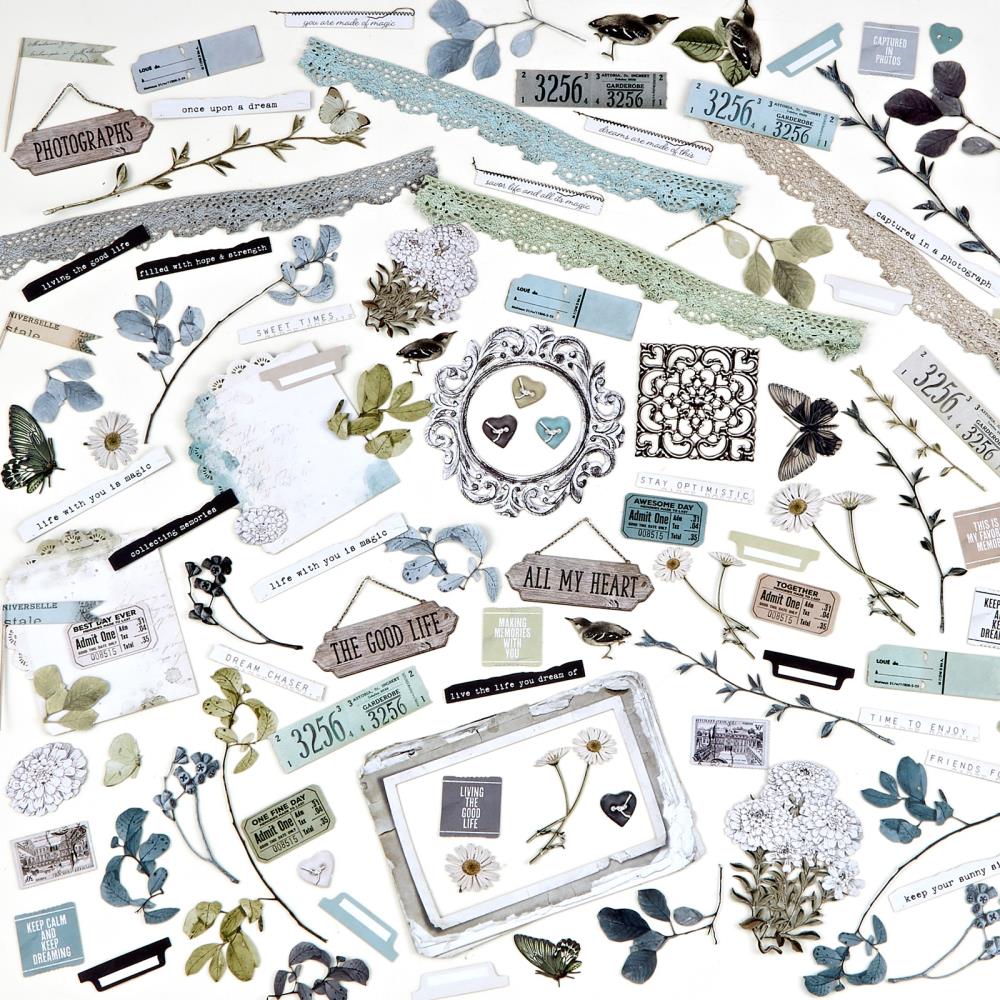 Laser cut elements are simply amazing as the intricate designs are cut with precision every time. There are 116 assorted pieces which include stems, tickets, lace, signs, butterflies and more! The detailed intricacy of laser cut pieces bring projects to another level with ease. They're the perfect 'fussy cut' pieces without the fuss! This package contains four sheets of 6x12.5 inch heavyweight cardstock.