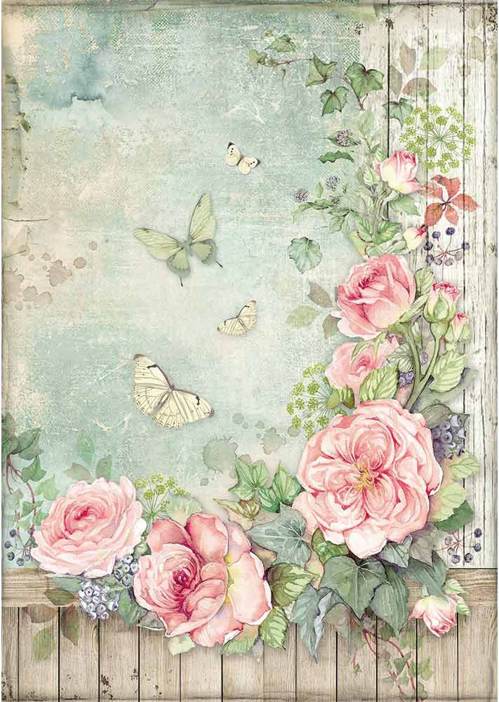 Rose Garden W/Fence Stamperia Rice Paper Sheet A4
