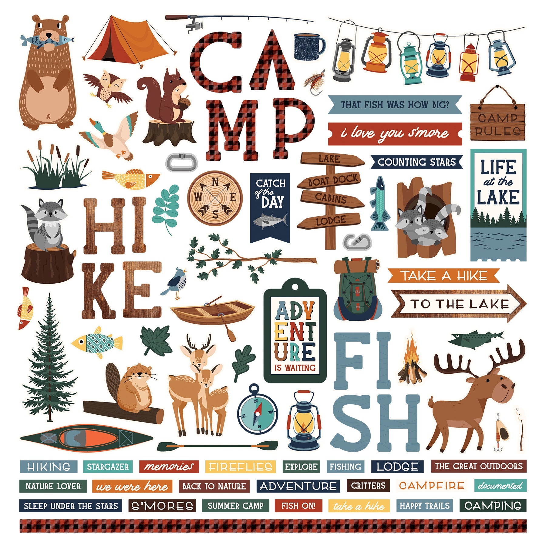 Camp Happy Bear Stickers 12"X12" - Elements