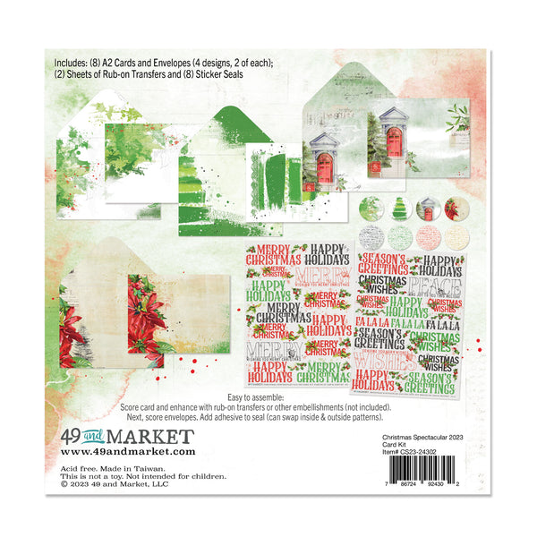 This 18-piece Christmas Spectacular 2023 Card Kit includes everything you need to make eight cards, with two sheets of rub-on transfers, eight sticker seals, and four designs of cards and envelopes (two of each). Make personalized holiday cards with ease! Imported.