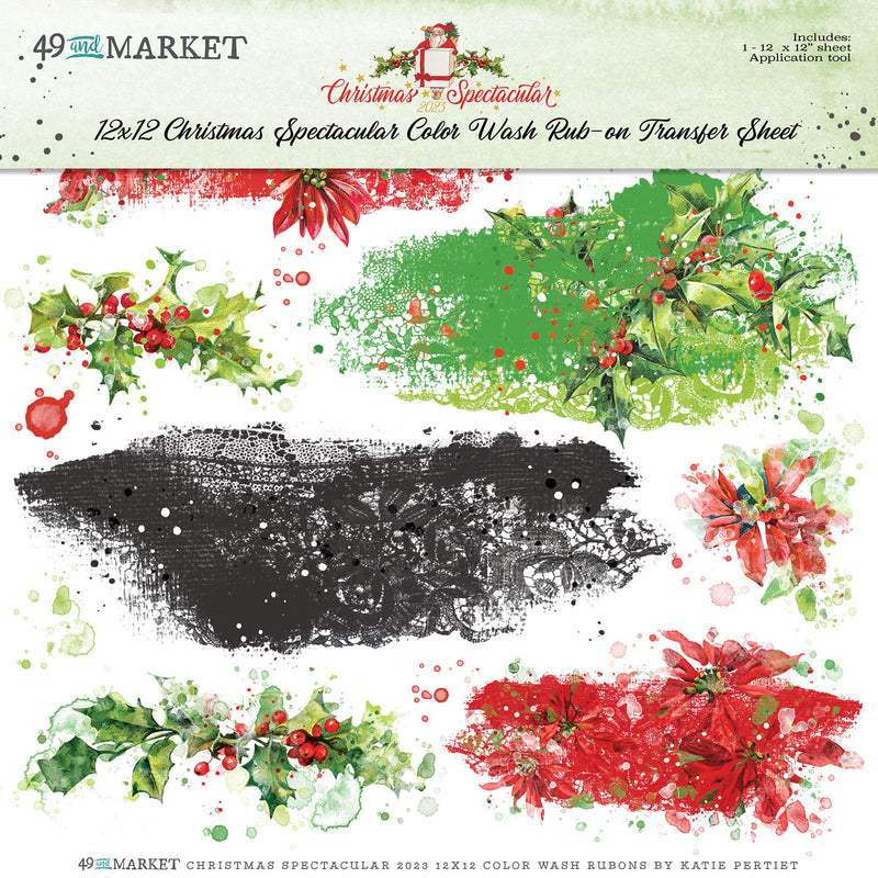 Add a festive touch to your home with this Christmas Spectacular 2023 rub-on transfer sheet. Featuring a beautiful assortment of washed laces and holiday florals, it's sure to bring a unique and beautiful effect to any clean surface. Easily apply the 12x12 inch sheet to your project for a vibrant, eye-catching finish