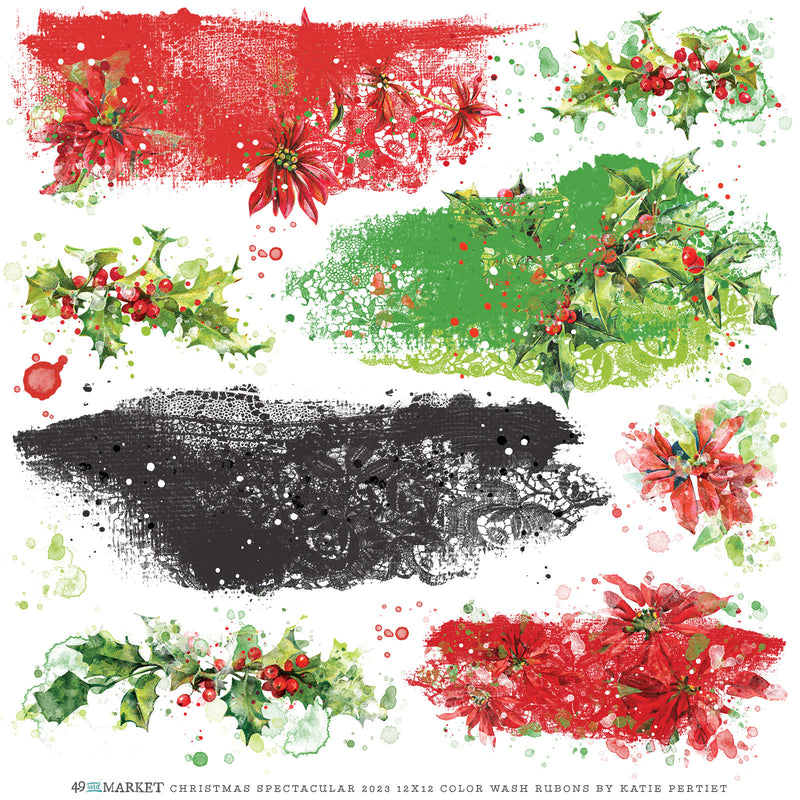 Add a festive touch to your home with this Christmas Spectacular 2023 rub-on transfer sheet. Featuring a beautiful assortment of washed laces and holiday florals, it's sure to bring a unique and beautiful effect to any clean surface. Easily apply the 12x12 inch sheet to your project for a vibrant, eye-catching finish