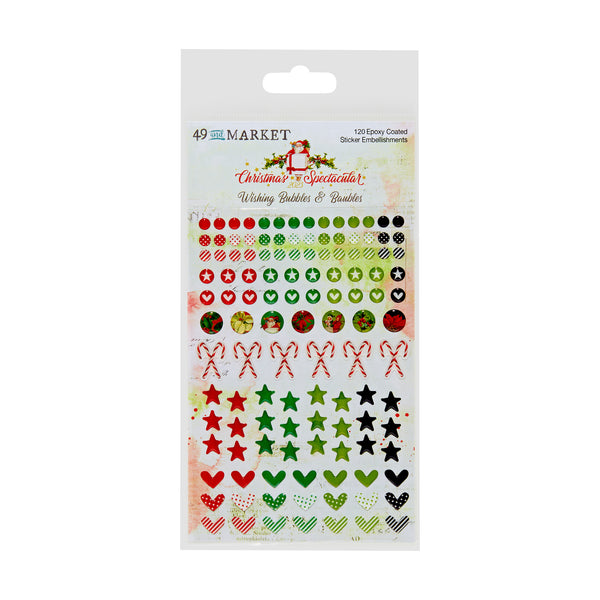 This pack of 20 epoxy-coated baubles and bubbles is the perfect addition to your Christmas Spectacular 2023. The assortment of colors and shapes, including dots, candy canes, stars, and hearts, are sure to bring additional shine and dimension to your project. With a variety of sizes available, you're bound to find the perfect embellishment