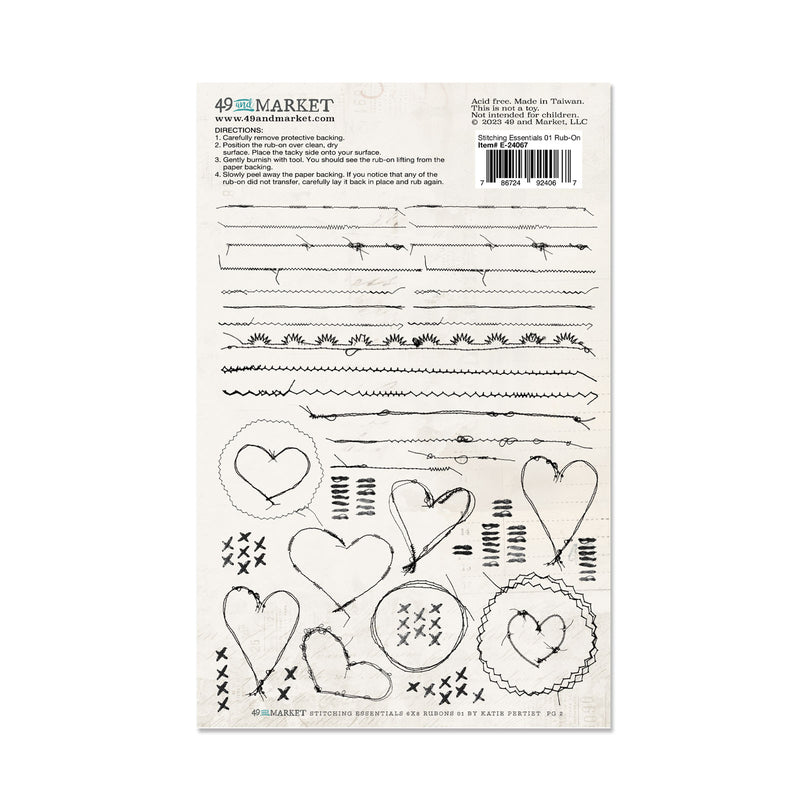 Stitching Essentials 01 Rub-on Transfers offer creative crafters a convenient way to decorate lots of surfaces with beautiful black stitched elements. Each 6"x8" sheet includes multiple transfers that can be easily applied with no extra tools. Bring any project to life with this unique rub-on technique.