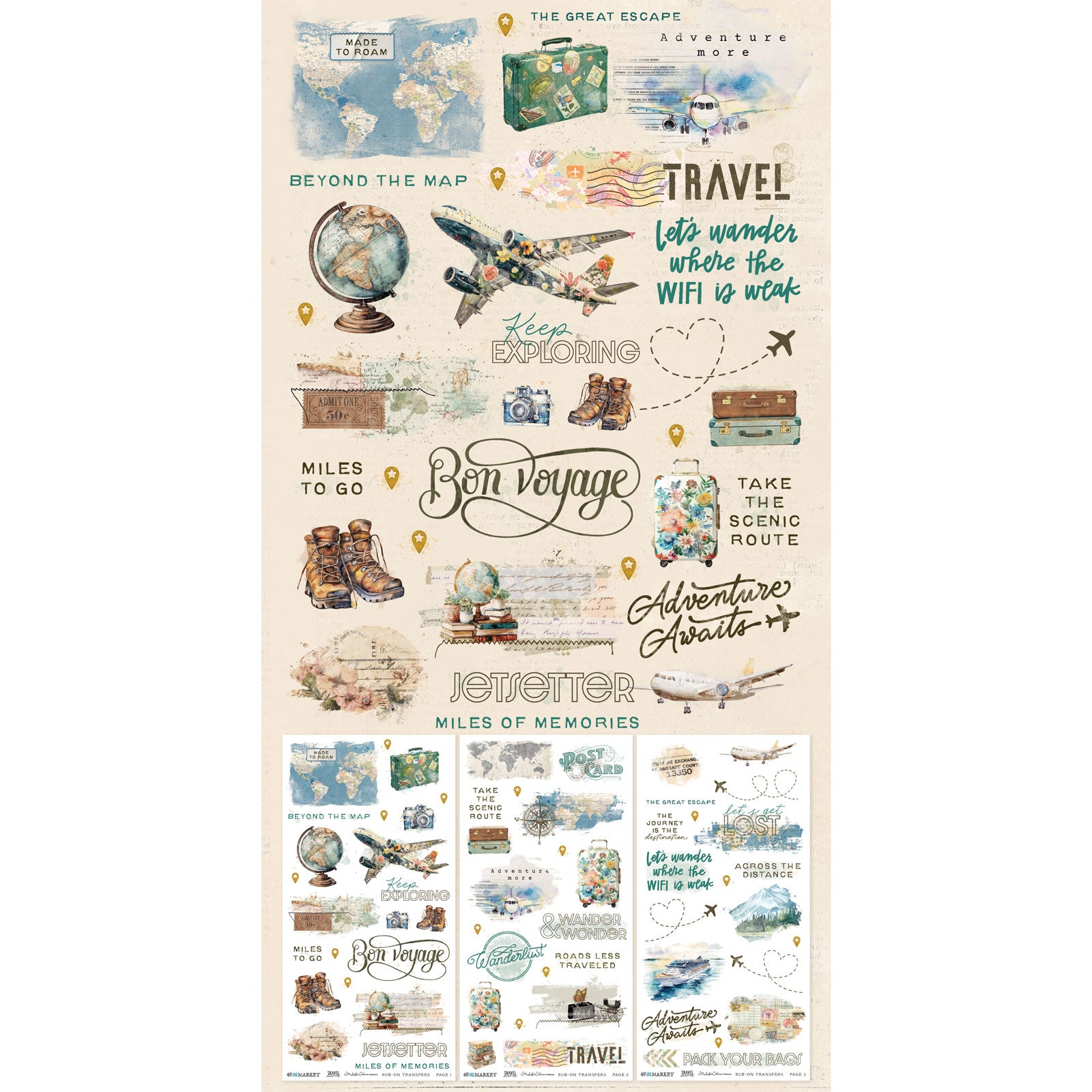 49 and Market 6 x12 Blendable Rub-on Transfer Set - Travel Diaries