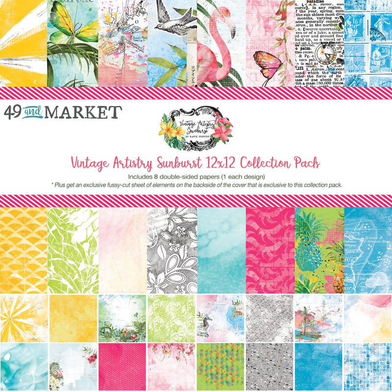 Create stunning pages with the Vintage Artistry Sunburst Colored Foundations Pack. This pack includes 8 sheets of 12"x12" double-sided, heavy-weight, acid-free cardstock, with two of each design. The colorful front sides feature an eclectic pattern, while the reverse sides feature a more traditional solid background. All papers are proudly made in the USA.