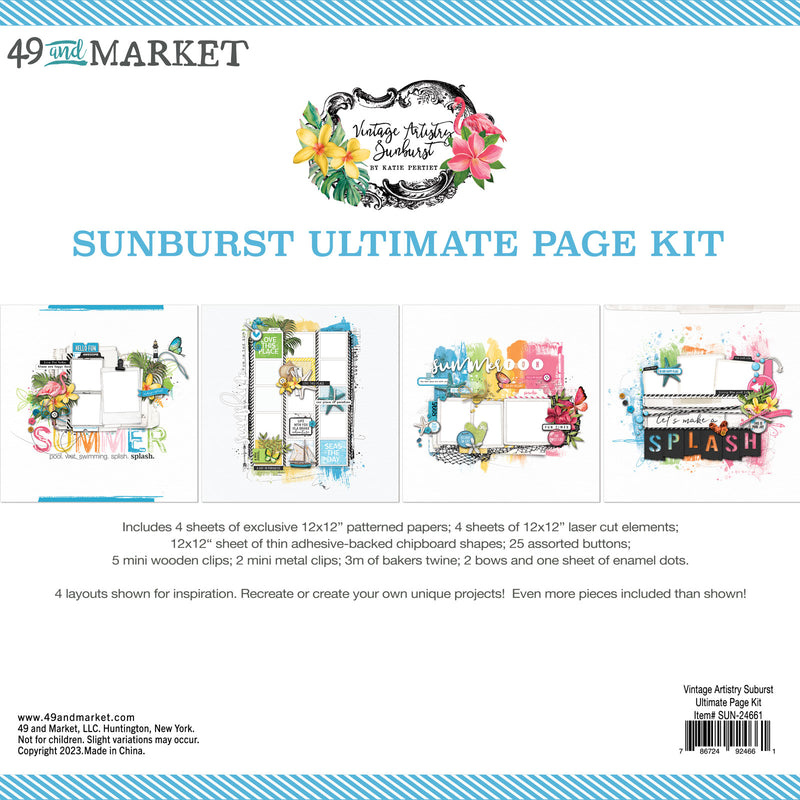 The Vintage Artistry Sunburst Ultimate Page Kit includes 4 sheets of exclusive 12x12 patterned papers; 4 sheets of 12x12 laser cut elements; 12x12 sheet of thin adhesive-backed chipboard shapes; 25 assorted buttons; 5 mini wooden clips; 2 mini metal clips; 3m of bakers twine; 2 bows and one sheet of enamel dots. Be inspired by completed project samples that can be replicated or make your own. Slight variations may occur.