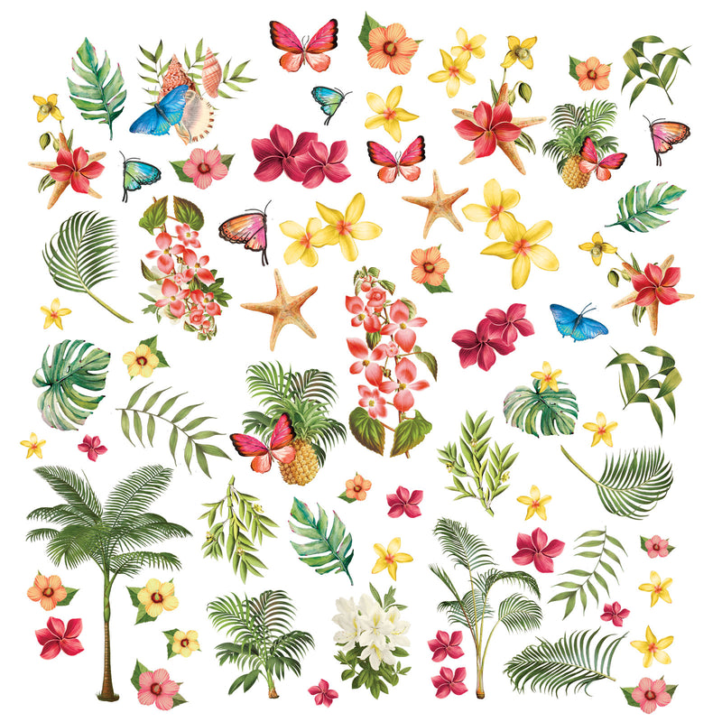 Discover a world of creative possibilities with the Vintage Artistry Sunburst Tropical Foliage Laser Cuts. This pack includes 70 intricate laser-cut elements, including trees, florals, butterflies, foliage, starfish, and more! Perfect for scrapbooking, card-making, or other art projects, these pieces are precision-cut and easily removable from the four 6x12.5" heavyweight cardstock sheets. Start creating today!