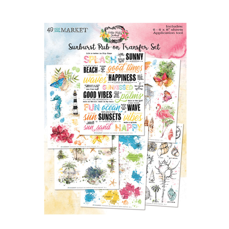 This Vintage Artistry Sunburst 6x8 Rub-on Transfer Set infuses creativity into your time-tested craft projects. With 6 sheets of transfers featuring vibrant colors, titles, water splashes, etchings, and other elements to coordinate with the collection, your projects will be transformed with a unique and beautiful finish. The sheets measure 6”x8” and can be applied to a variety of clean surfaces.