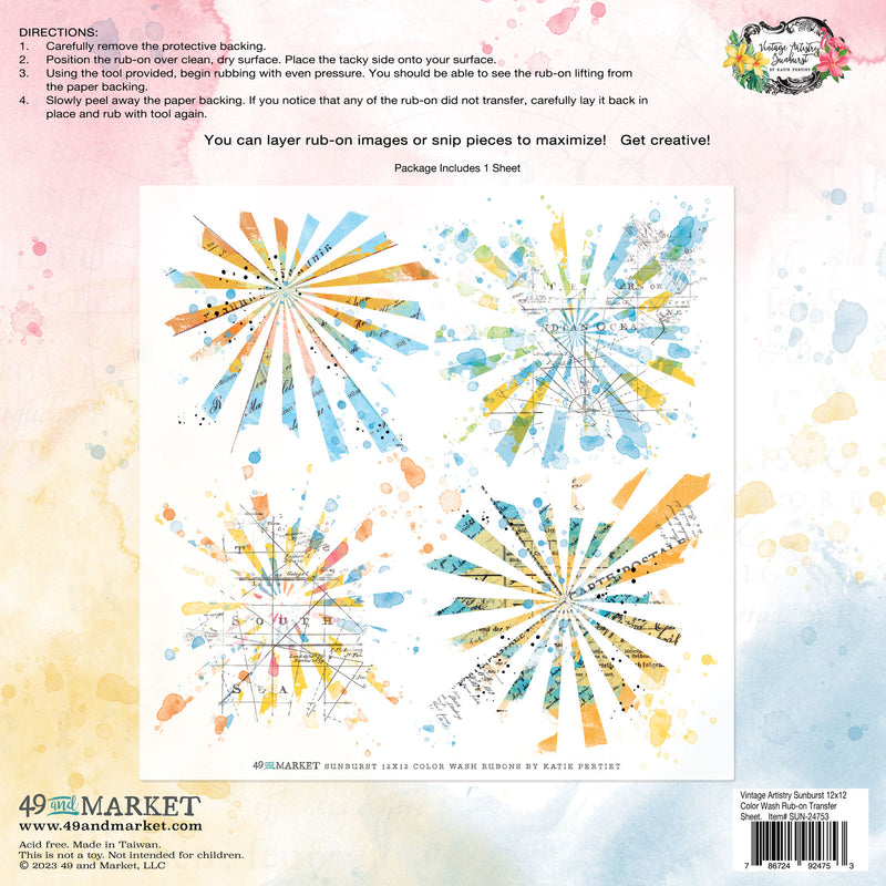 Create a unique and eye-catching project with this Vintage Artistry Sunburst Rub-on Transfer Sheet. This 12"x12" sheet features beautiful sunbursts with hints of maps in varying patterns - perfect for adding a sophisticated effect to a variety of clean surfaces.