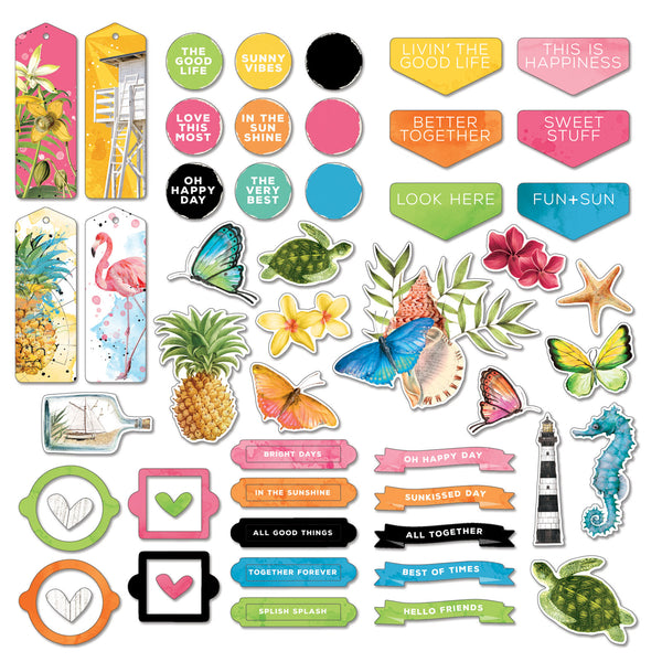 This 56-piece set of thin, non-adhesive backed chipboard shapes features a variety of motifs, including word disks, banners, and tropical designs, to make any crafting project unique. Create stunning visuals by combining the pieces for a timeless vintage artistry sunburst look