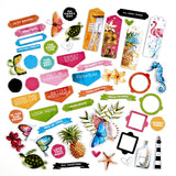 This 56-piece set of thin, non-adhesive backed chipboard shapes features a variety of motifs, including word disks, banners, and tropical designs, to make any crafting project unique. Create stunning visuals by combining the pieces for a timeless vintage artistry sunburst look