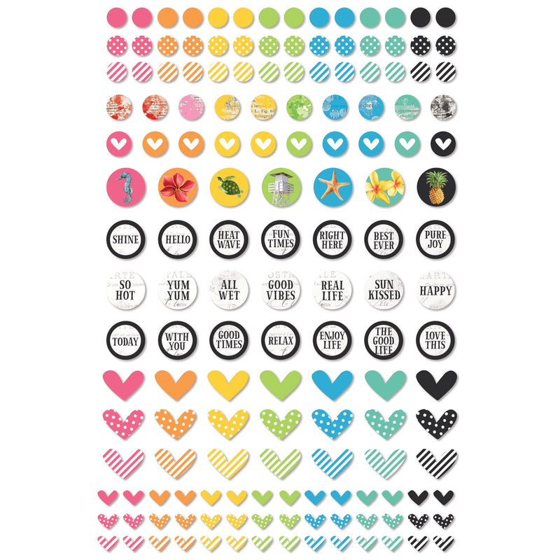 Stand out from the crowd with Vintage Artistry's Sunburst Wishing Bubbles and Baubles! This set of 153 epoxy-covered stickers features an assortment of dots, word bubbles, and hearts in varying sizes and colors to bring a creative spark to all your projects. Add dimension and a bit of shine to your crafty creations today