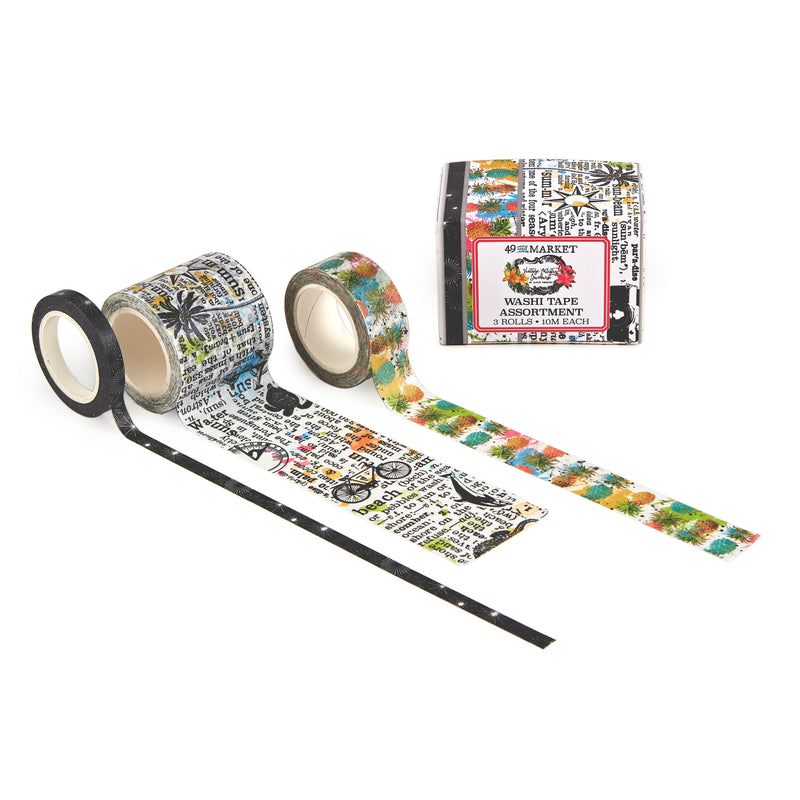 3 rolls of decorative washi tape (widths included are 1.75", 1/2" and 1/4"). Each roll measures 10 meters long. Imported.