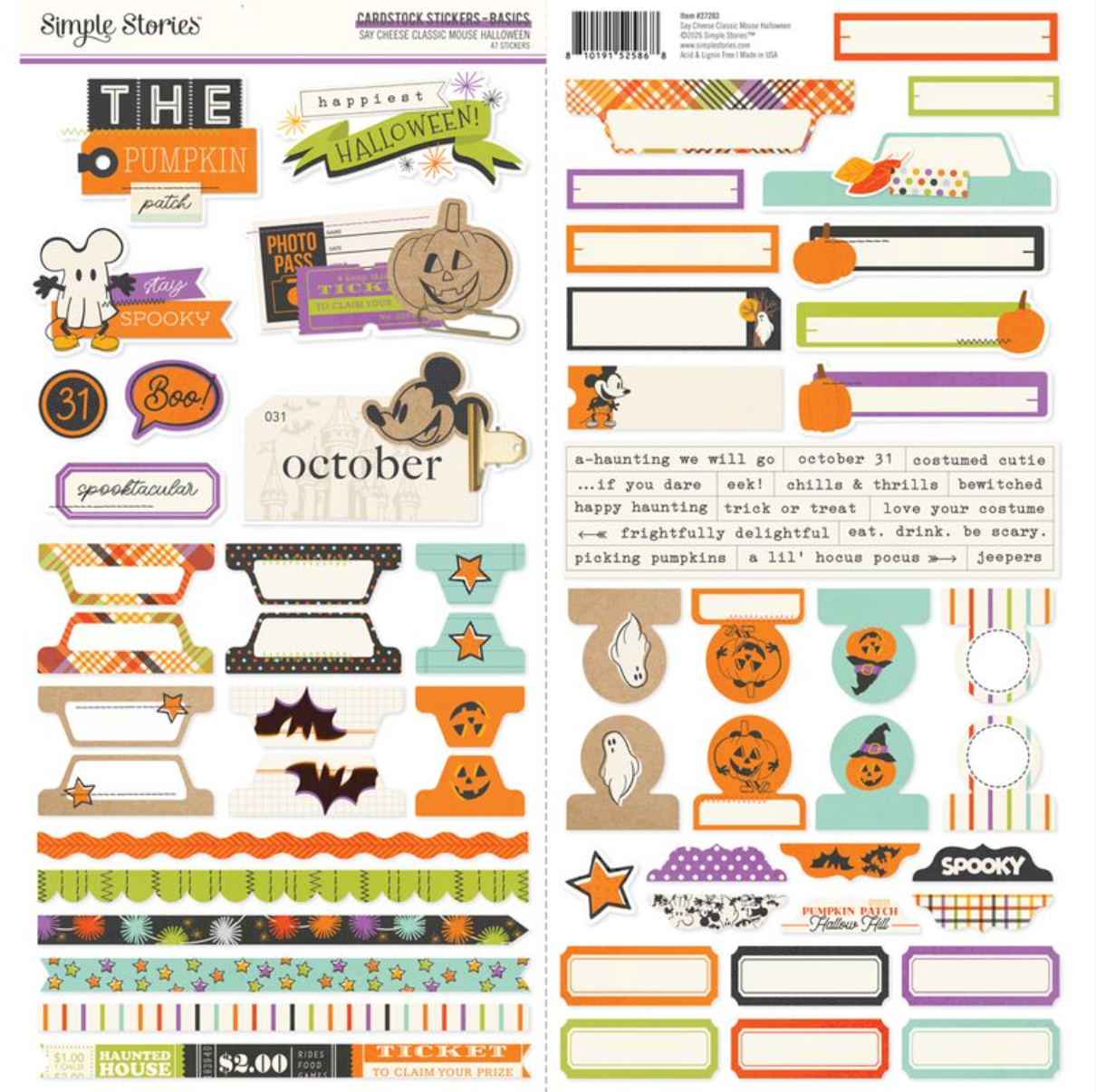 Simple Stories Say Cheese Classic Mouse Halloween Cardstock Sticker Basics **PRE-ORDER**