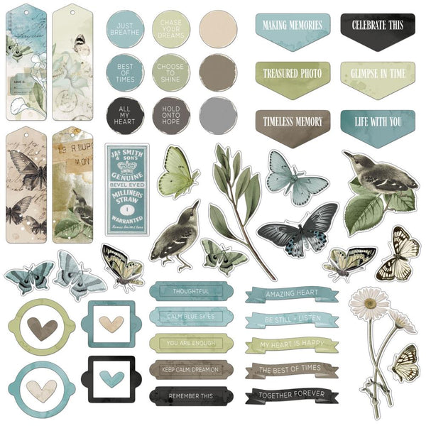 Vintage Artistry presents the Moonlit Garden - Chipboard Bits Set, a non-adhesive printed chipboard set of 57 unique frames, tags, tickets, tabs, banners, phrases, butterflies, and more. Add dimension to your project with this thin yet sturdy chipboard material perfect for endless creative possibilities.