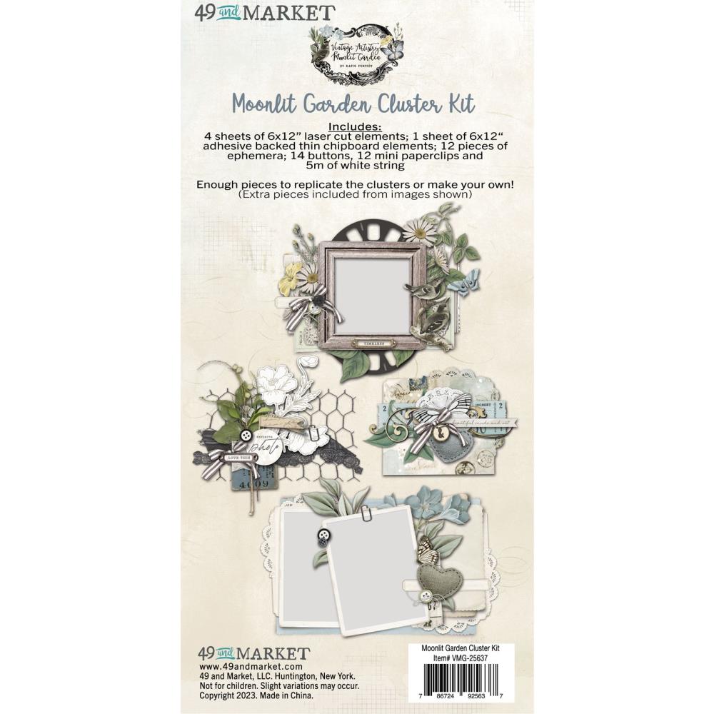 Cluster Kits make creating quality layered embellishments and layouts so easy. The kits are jam packed with everything you need to bring your crafting to the next level. Kit includes: 4 sheets of 6x12 laser cut elements; 1 sheet of 6x12 adhesive backed chipboard shapes; 12 pieces of ephemera; 14 buttons; 12 mini paperclips and 5m of white string.