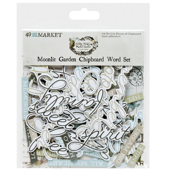 Add a special touch to your projects with this unique Vintage Artistry Moonlit Garden - Chipboard Word Set. This non-adhesive set features 54 individual pieces of script words and word strips, adding dimension and decoration to any project. The thin yet sturdy chipboard designs add a professional finish.